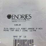 Endries International 3/4-10 x 3-1/2 Zinc Hex Head Tap Bolt - 12 Pack -